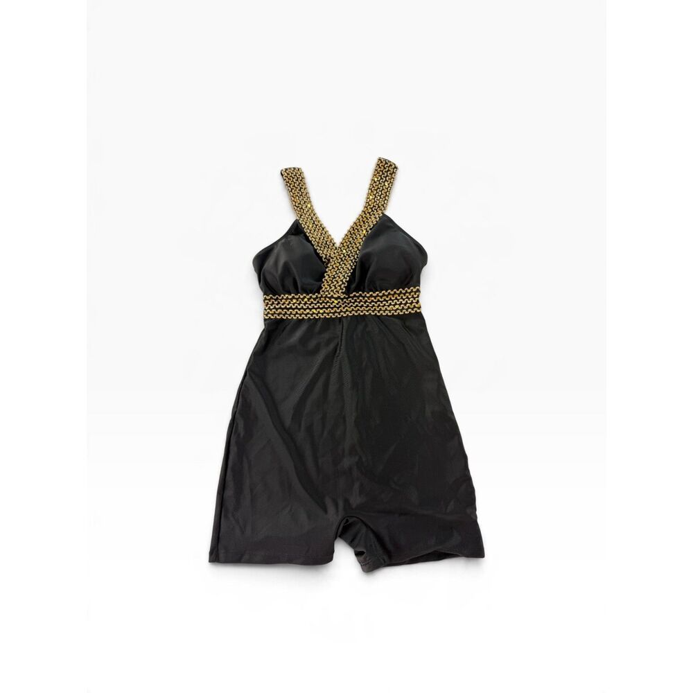 Black & Gold Halter Swimsuit Romper Small Built-In Shorts